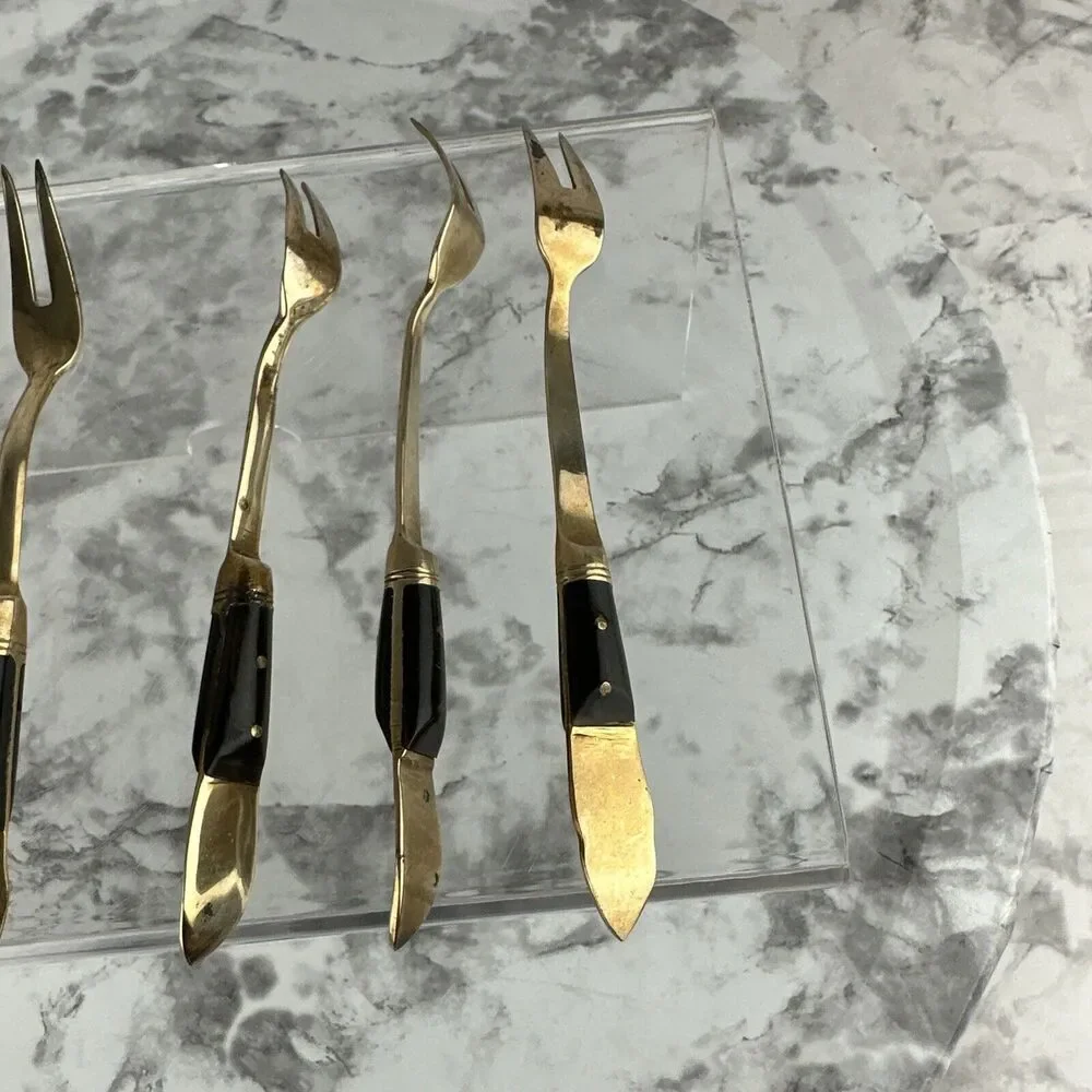 Vintage Mid Century Modern Siam‎ Appetizer Forks 9 Piece Brass Thailand Buddha